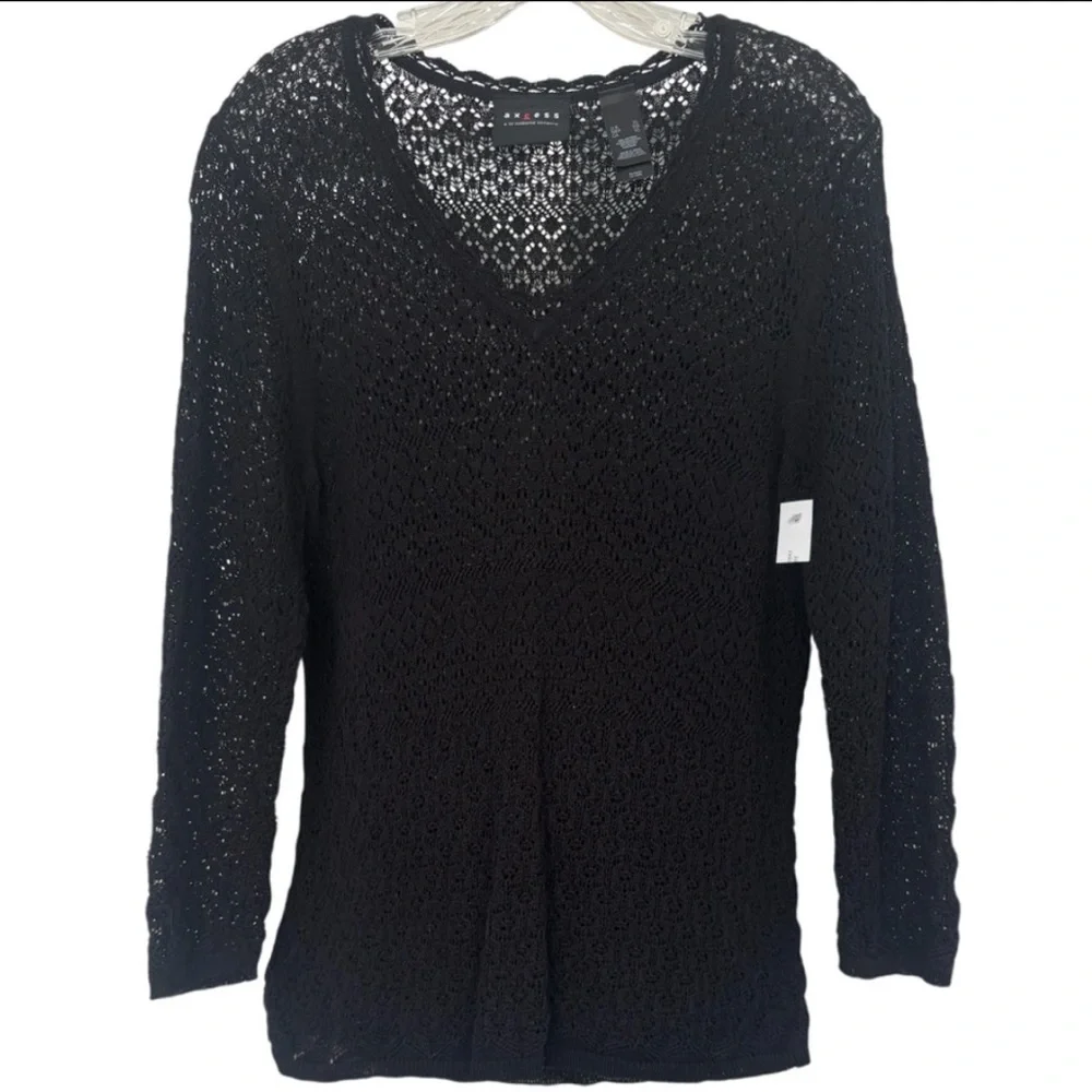 Vintage Y2K Sweater Open Knit Floral Ruffle Black Lace Fairycore 2000s Size XL